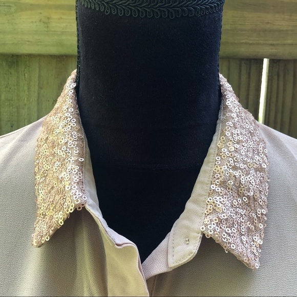 A.Maglia Tan Sleeveless Peplum Blouse with Sequin Collar & Lace Panel in Back - Picture 5 of 8